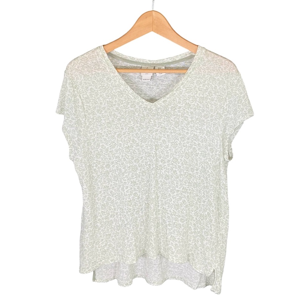 Joie 100% Linen Shirt Women’s Size XL Short Sleeve White Green Floral V-Neck Top